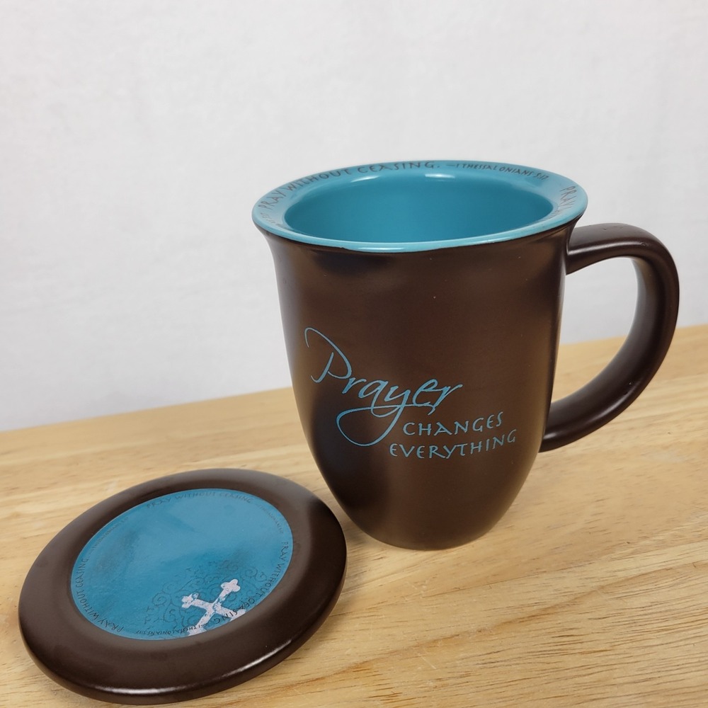 Abbey Press Prayer Changes Everything Mug Coaster Lid Brown Teal Ceramic 14 oz